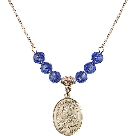 14kt Gold Filled Saint Anthony of Padua Birthstone Necklace with Sapphire Beads - 8004