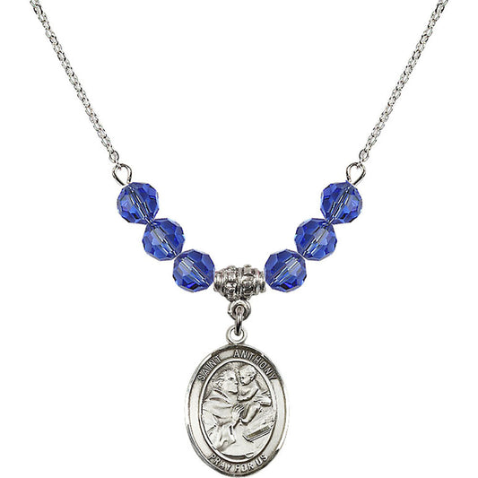 Sterling Silver Saint Anthony of Padua Birthstone Necklace with Sapphire Beads - 8004