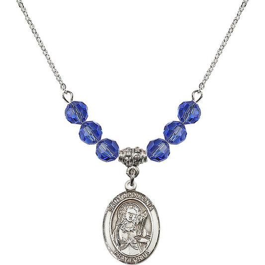 Sterling Silver Saint Apollonia Birthstone Necklace with Sapphire Beads - 8005