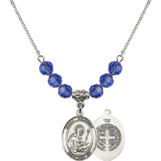 Sterling Silver Saint Benedict Birthstone Necklace with Sapphire Beads - 8008