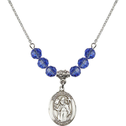 Sterling Silver Saint Boniface Birthstone Necklace with Sapphire Beads - 8009