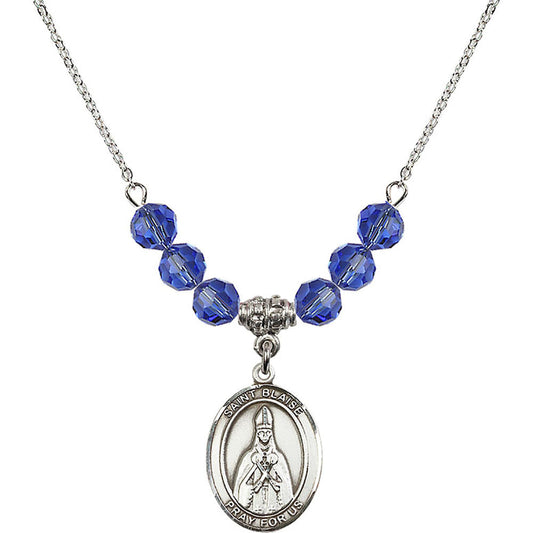 Sterling Silver Saint Blaise Birthstone Necklace with Sapphire Beads - 8010