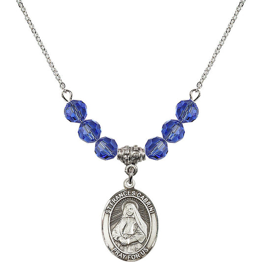 Sterling Silver Saint Frances Cabrini Birthstone Necklace with Sapphire Beads - 8011