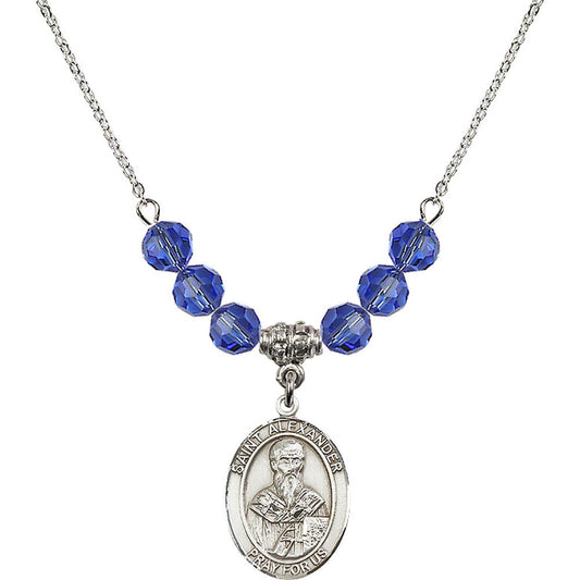 Sterling Silver Saint Alexander Sauli Birthstone Necklace with Sapphire Beads - 8012