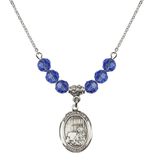 Sterling Silver Saint Benjamin Birthstone Necklace with Sapphire Beads - 8013