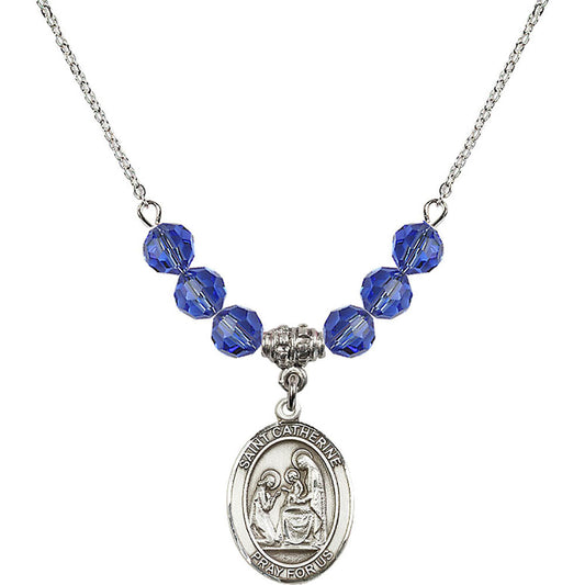 Sterling Silver Saint Catherine of Siena Birthstone Necklace with Sapphire Beads - 8014