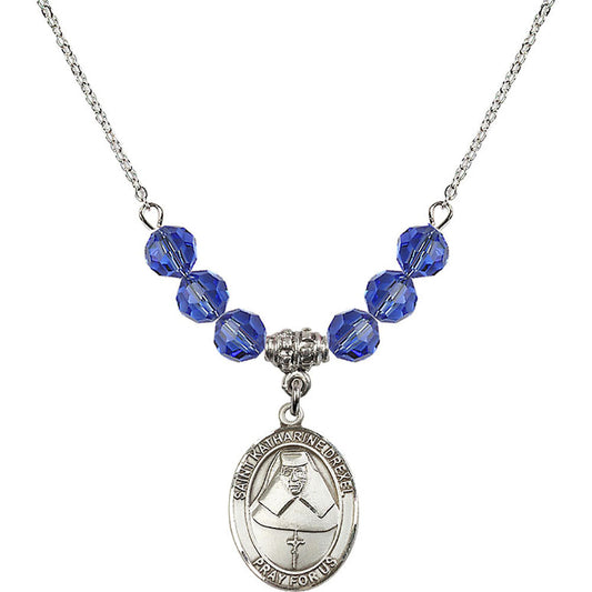 Sterling Silver Saint Katharine Drexel Birthstone Necklace with Sapphire Beads - 8015