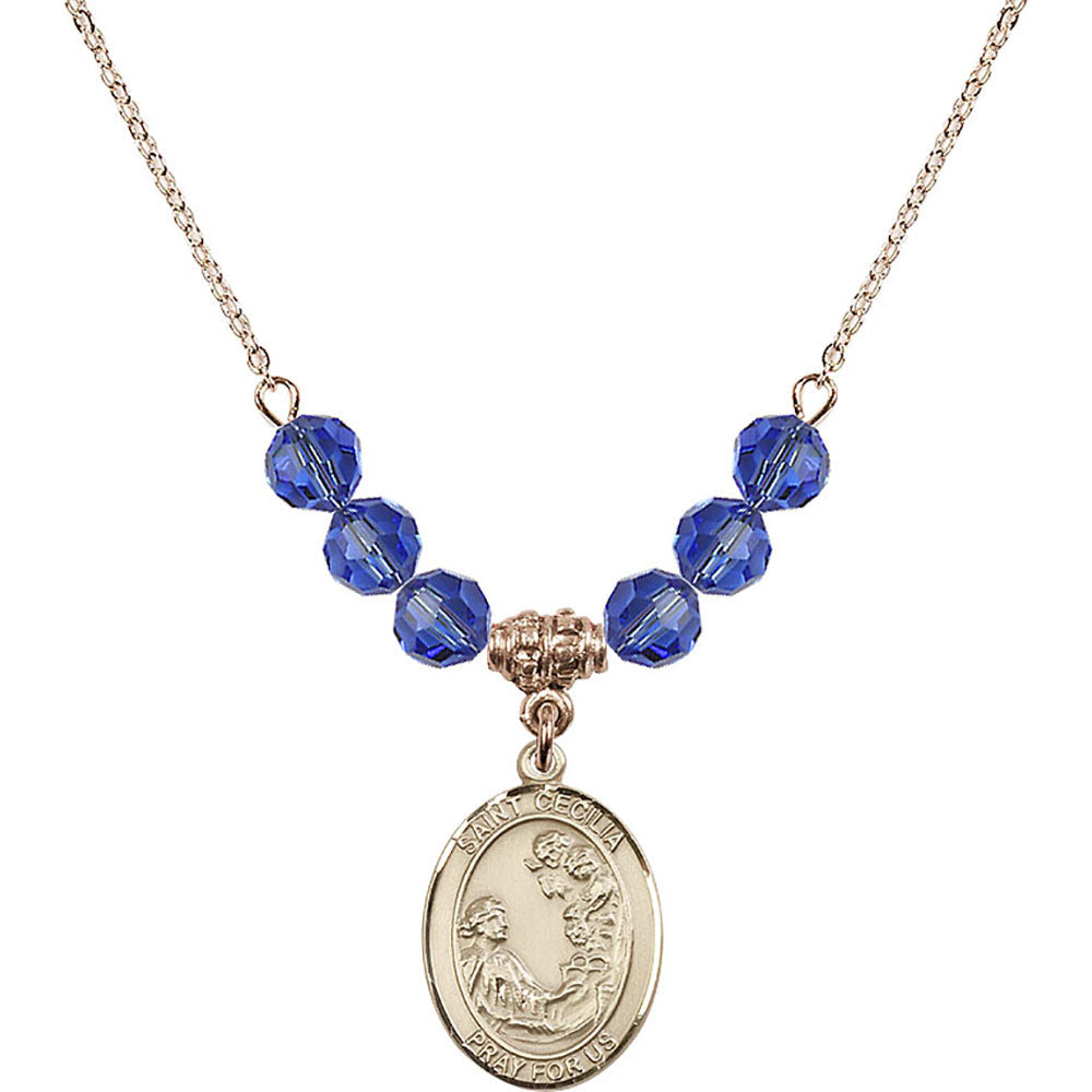 14kt Gold Filled Saint Cecilia Birthstone Necklace with Sapphire Beads - 8016