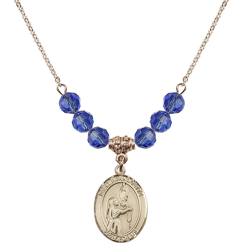 14kt Gold Filled Saint Bernadette Birthstone Necklace with Sapphire Beads - 8017