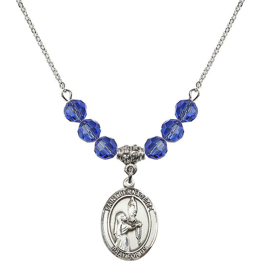 Sterling Silver Saint Bernadette Birthstone Necklace with Sapphire Beads - 8017