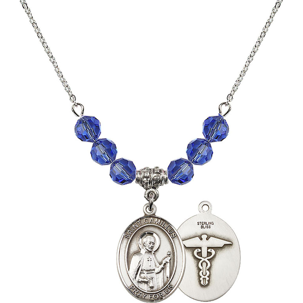 Sterling Silver Saint Camillus of Lellis / Nurse Birthstone Necklace with Sapphire Beads - 8019