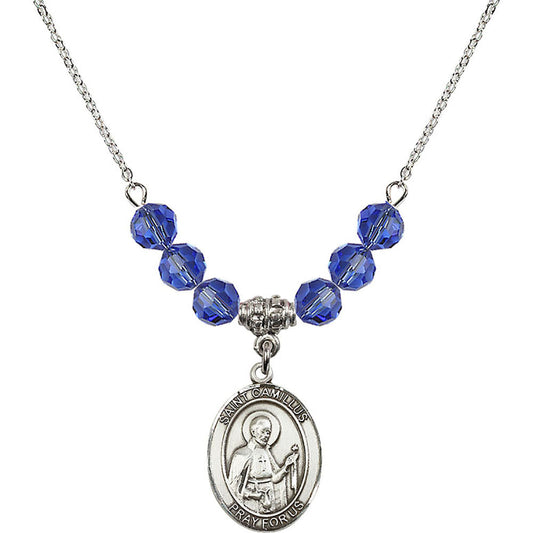 Sterling Silver Saint Camillus of Lellis Birthstone Necklace with Sapphire Beads - 8019