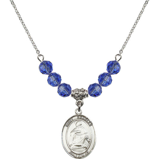 Sterling Silver Saint Charles Borromeo Birthstone Necklace with Sapphire Beads - 8020