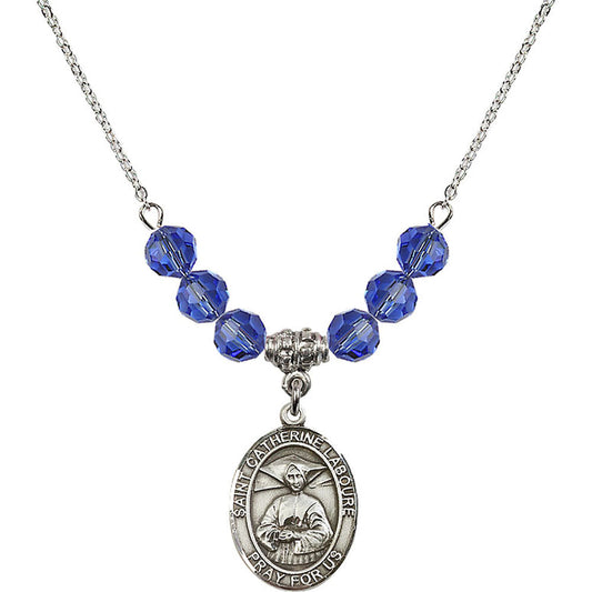 Sterling Silver Saint Catherine Laboure Birthstone Necklace with Sapphire Beads - 8021