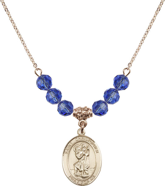 14kt Gold Filled Saint Christopher Birthstone Necklace with Sapphire Beads - 8022