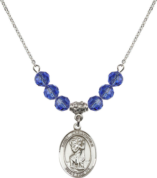 Sterling Silver Saint Christopher Birthstone Necklace with Sapphire Beads - 8022