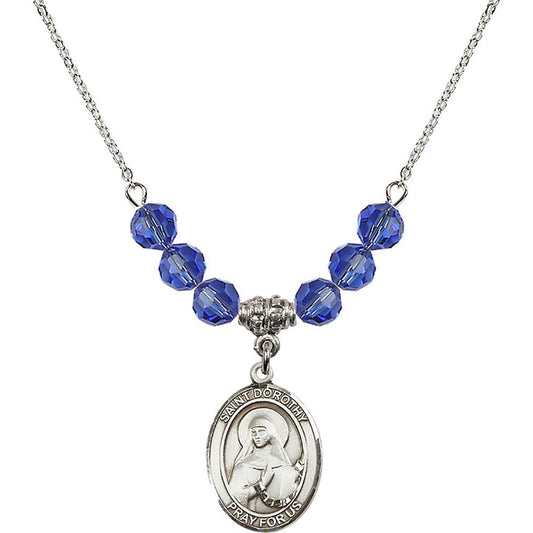 Sterling Silver Saint Dorothy Birthstone Necklace with Sapphire Beads - 8023