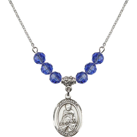 Sterling Silver Saint Daniel Birthstone Necklace with Sapphire Beads - 8024