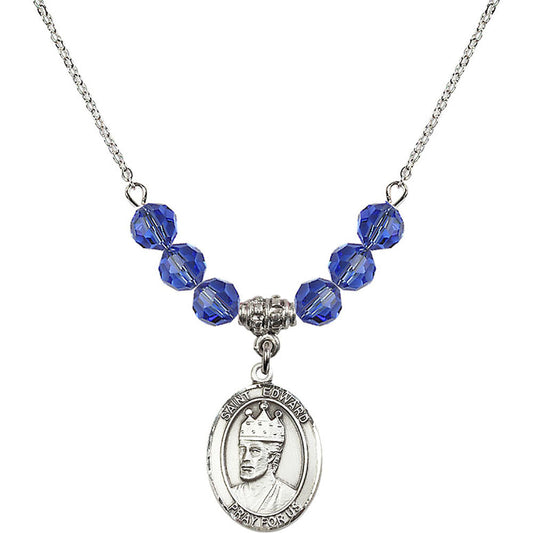 Sterling Silver Saint Edward the Confessor Birthstone Necklace with Sapphire Beads - 8026