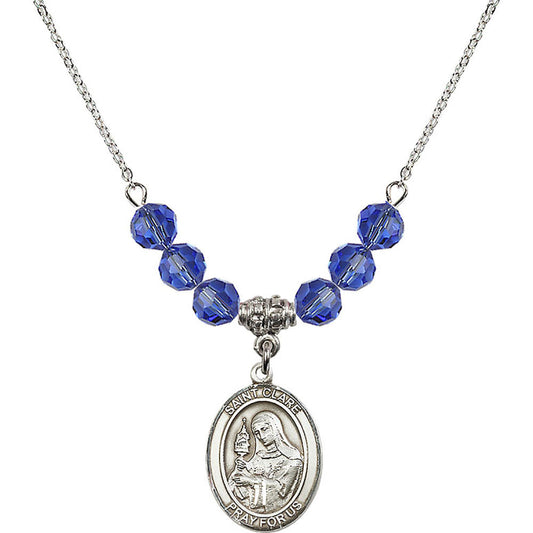 Sterling Silver Saint Clare of Assisi Birthstone Necklace with Sapphire Beads - 8028