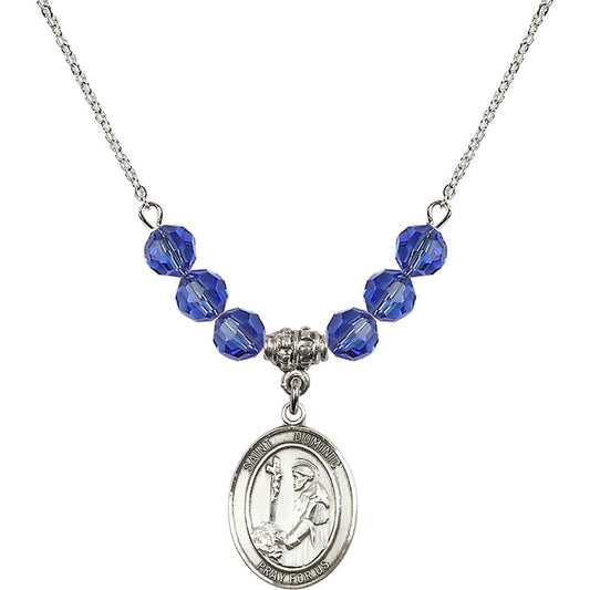 Sterling Silver Saint Dominic de Guzman Birthstone Necklace with Sapphire Beads - 8030