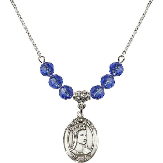 Sterling Silver Saint Elizabeth of Hungary Birthstone Necklace with Sapphire Beads - 8033