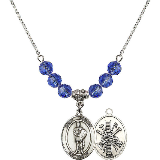 Sterling Silver Saint Florian/Firefighter Birthstone Necklace with Sapphire Beads - 8034