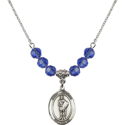 Sterling Silver Saint Florian Birthstone Necklace with Sapphire Beads - 8034