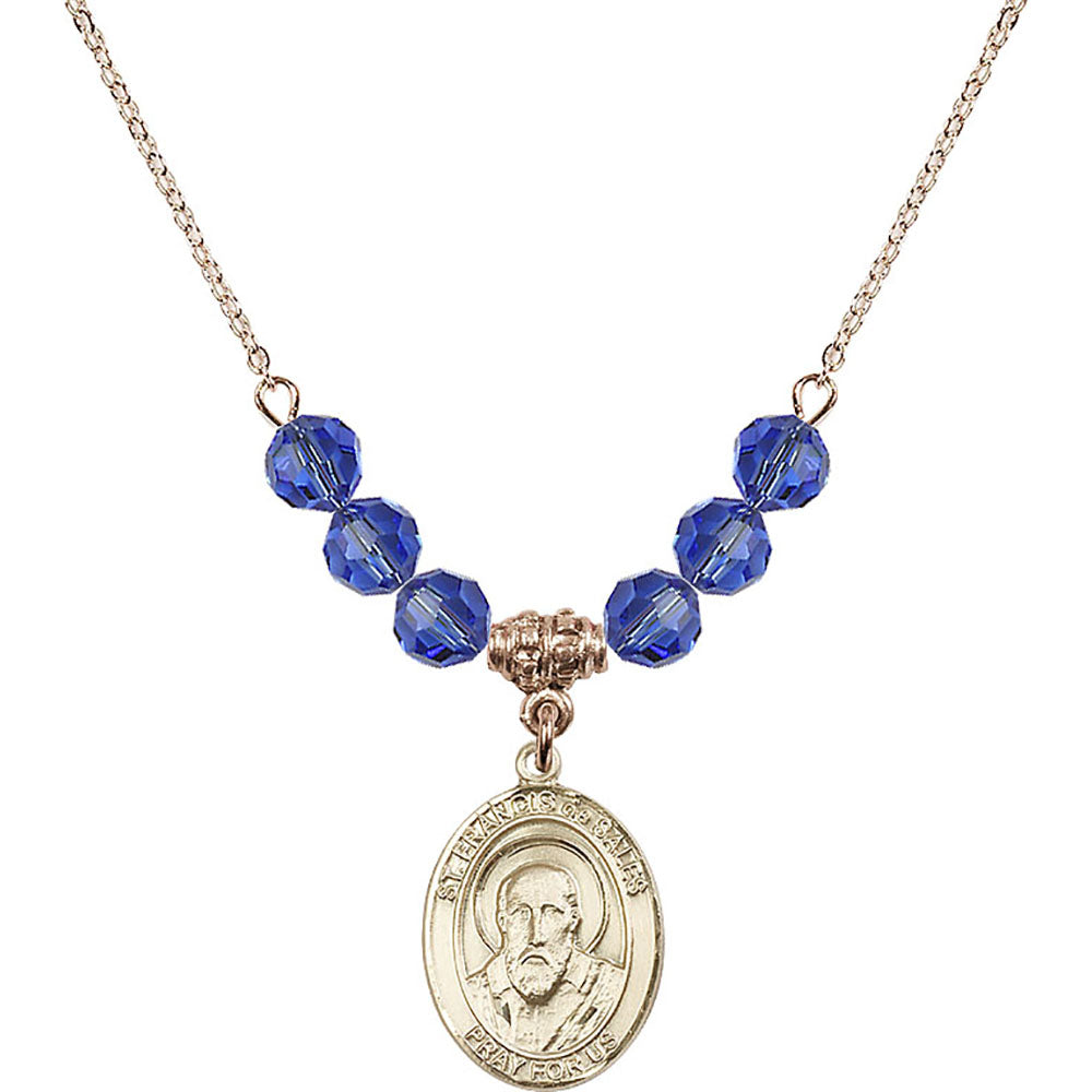 14kt Gold Filled Saint Francis de Sales Birthstone Necklace with Sapphire Beads - 8035