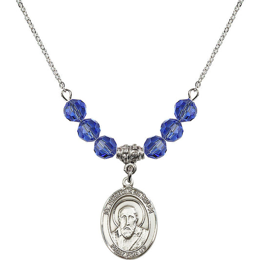 Sterling Silver Saint Francis de Sales Birthstone Necklace with Sapphire Beads - 8035