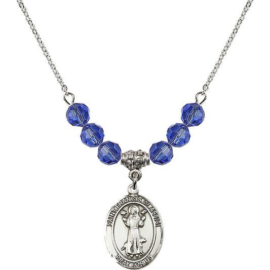 Sterling Silver Saint Francis of Assisi Birthstone Necklace with Sapphire Beads - 8036