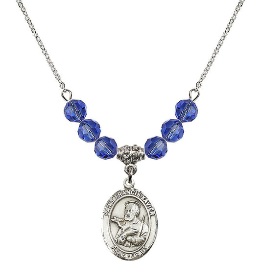 Sterling Silver Saint Francis Xavier Birthstone Necklace with Sapphire Beads - 8037
