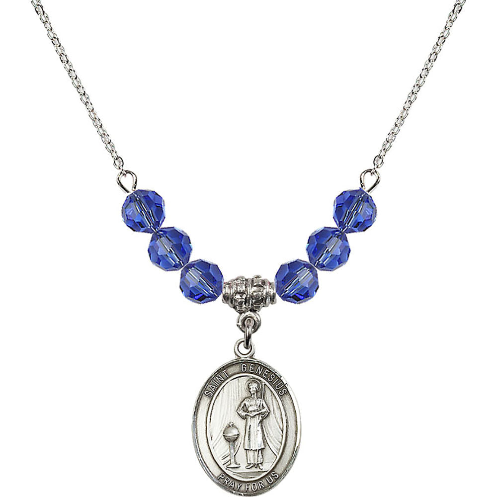 Sterling Silver Saint Genesius of Rome Birthstone Necklace with Sapphire Beads - 8038