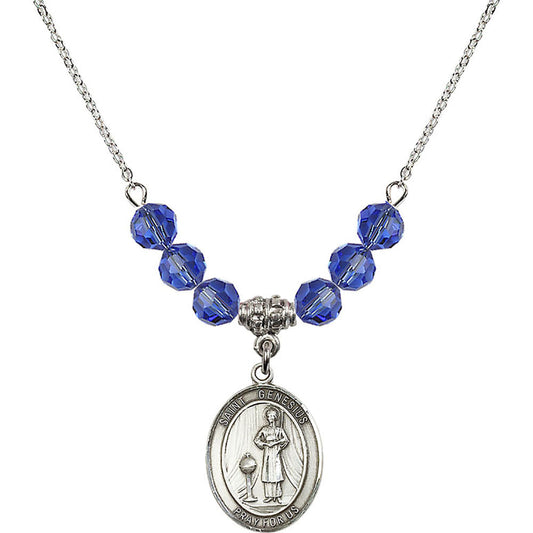 Sterling Silver Saint Genesius of Rome Birthstone Necklace with Sapphire Beads - 8038