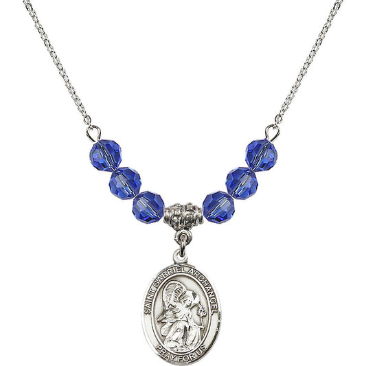 Sterling Silver Saint Gabriel the Archangel Birthstone Necklace with Sapphire Beads - 8039