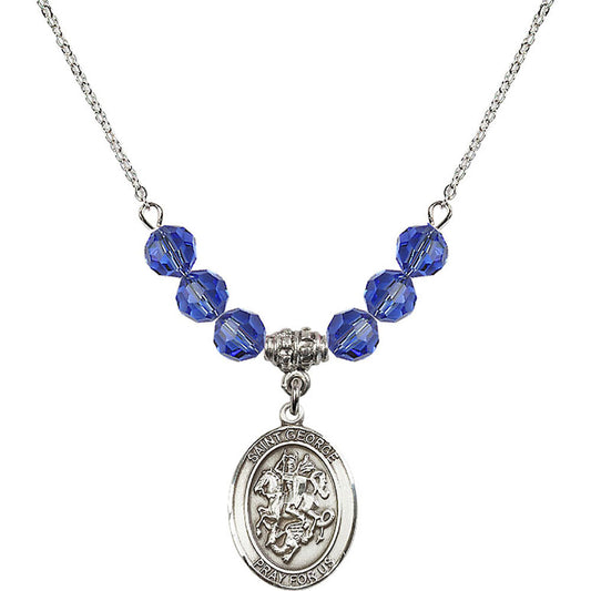 Sterling Silver Saint George Birthstone Necklace with Sapphire Beads - 8040