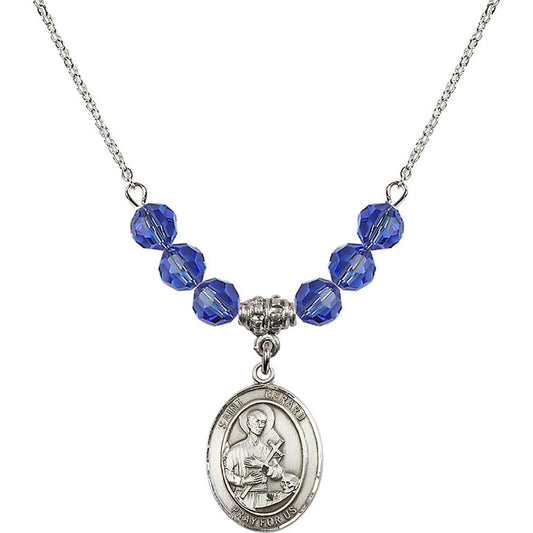 Sterling Silver Saint Gerard Majella Birthstone Necklace with Sapphire Beads - 8042