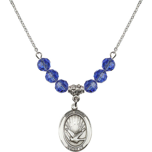 Sterling Silver Holy Spirit Birthstone Necklace with Sapphire Beads - 8044