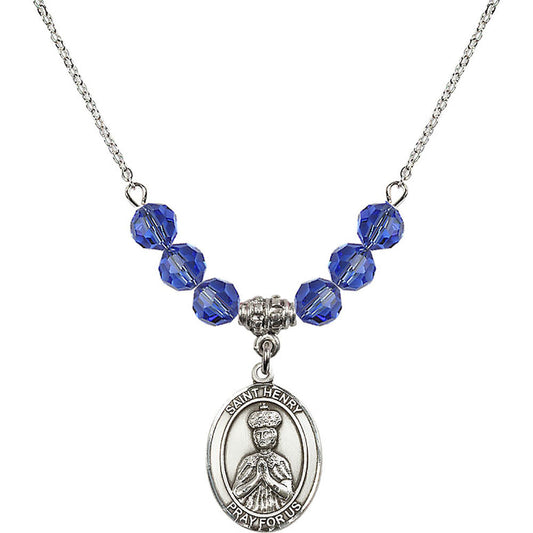 Sterling Silver Saint Henry II Birthstone Necklace with Sapphire Beads - 8046