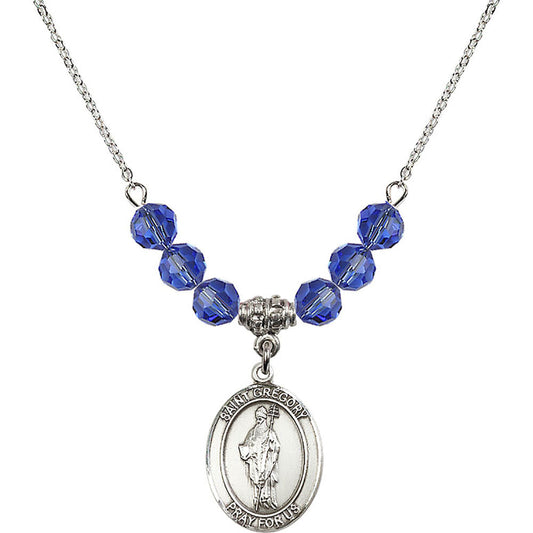 Sterling Silver Saint Gregory the Great Birthstone Necklace with Sapphire Beads - 8048