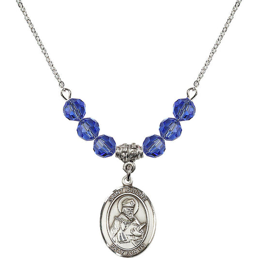 Sterling Silver Saint Isidore of Seville Birthstone Necklace with Sapphire Beads - 8049