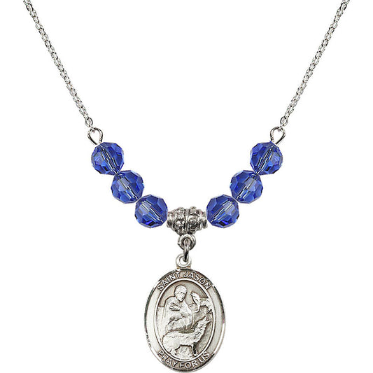 Sterling Silver Saint Jason Birthstone Necklace with Sapphire Beads - 8051
