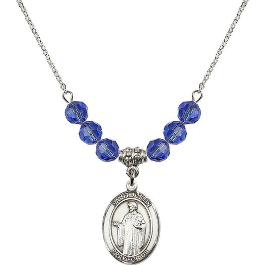 Sterling Silver Saint Justin Birthstone Necklace with Sapphire Beads - 8052
