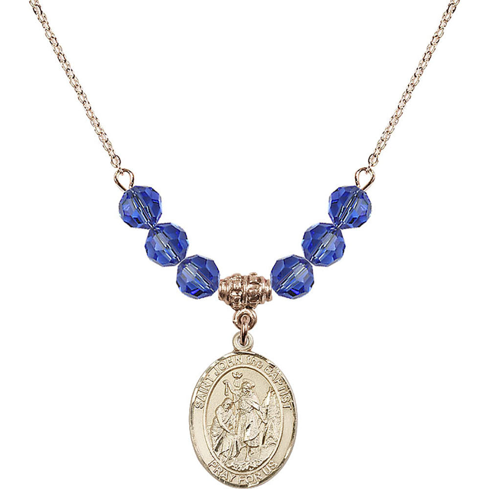 14kt Gold Filled Saint John the Baptist Birthstone Necklace with Sapphire Beads - 8054