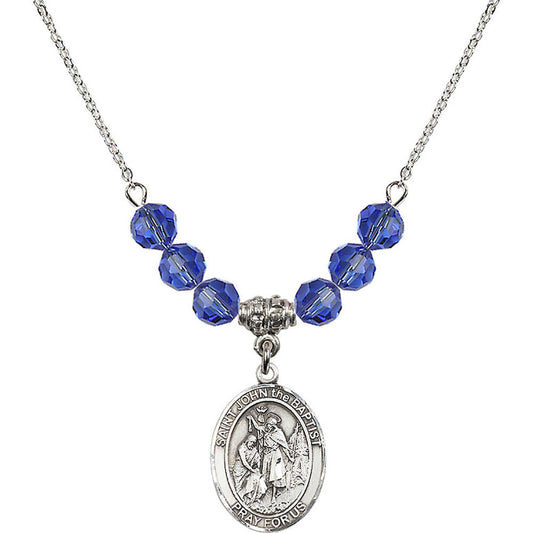 Sterling Silver Saint John the Baptist Birthstone Necklace with Sapphire Beads - 8054