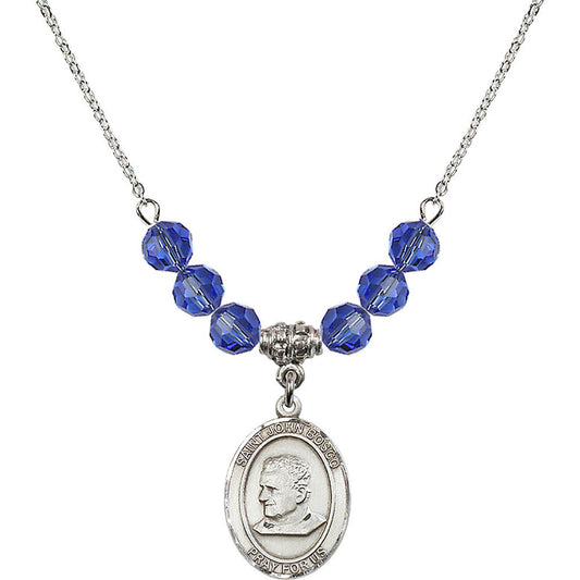 Sterling Silver Saint John Bosco Birthstone Necklace with Sapphire Beads - 8055