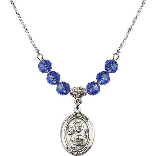 Sterling Silver Saint John the Apostle Birthstone Necklace with Sapphire Beads - 8056