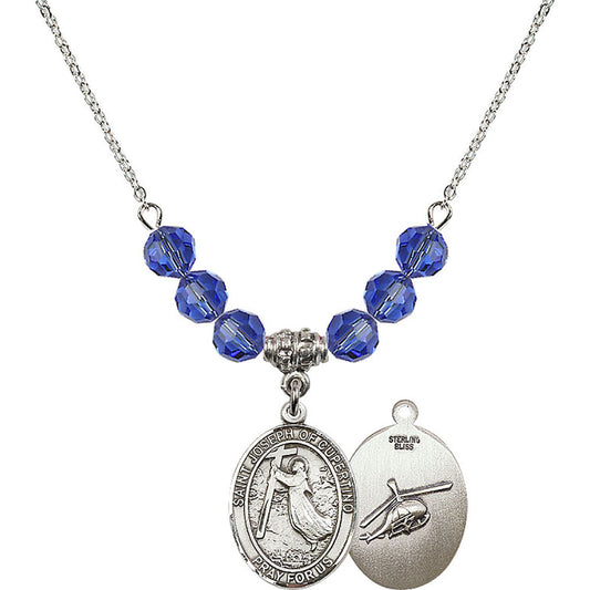 Sterling Silver Saint Joseph of Cupertino/Helecopter Birthstone Necklace with Sapphire Beads - 8057
