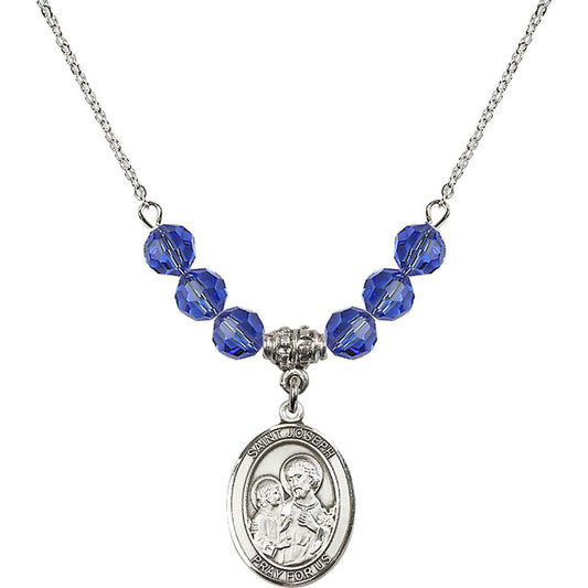 Sterling Silver Saint Joseph Birthstone Necklace with Sapphire Beads - 8058
