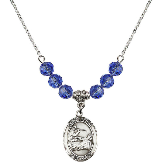 Sterling Silver Saint Joshua Birthstone Necklace with Sapphire Beads - 8059